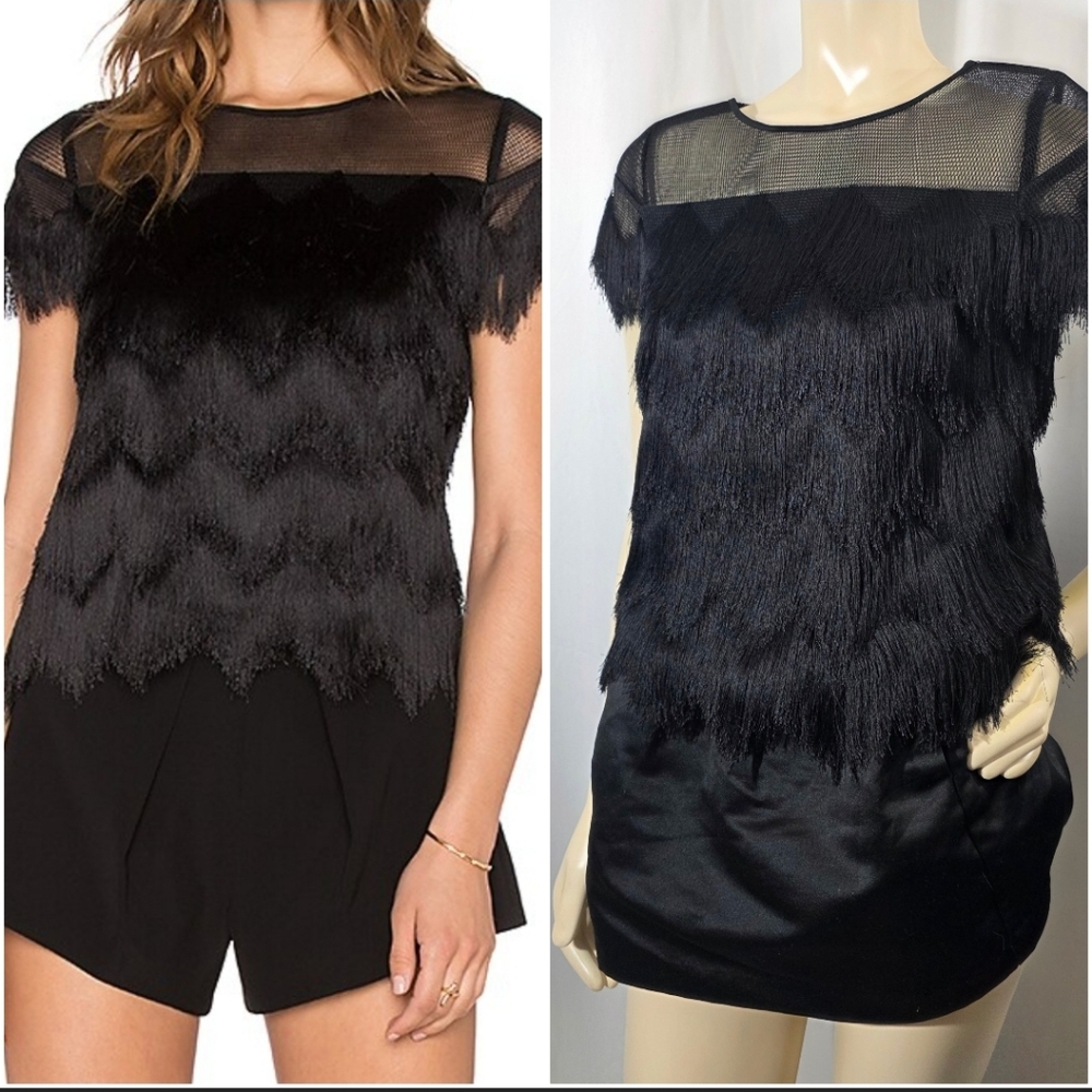 Alexis × Revolve Marvin Black Fringe Crop Top Mesh Panel Chevron Tiered Fringe S
